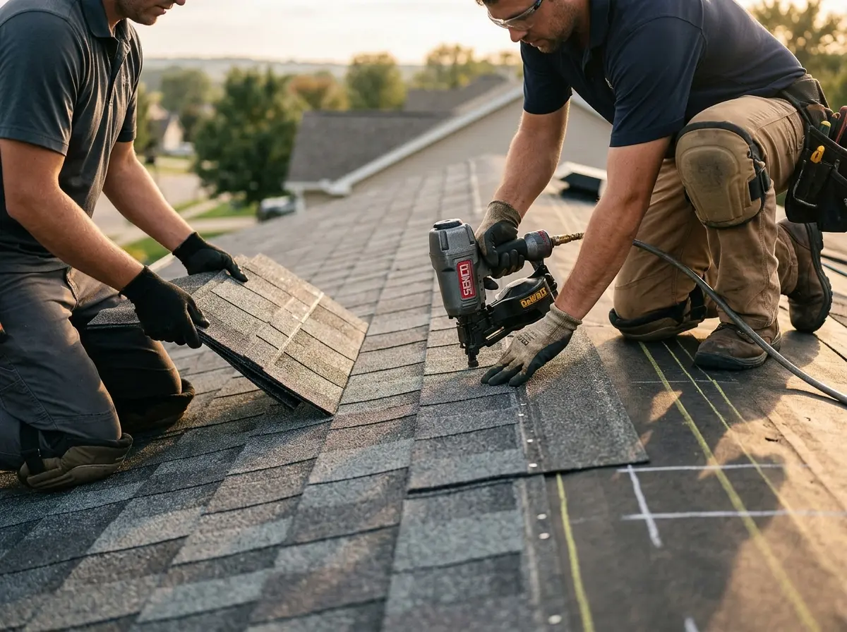 Professional roofer working on a residential roof in St. Matthews